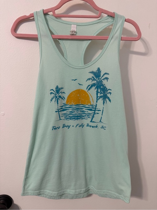 Ideal T Tops - Mint Graphic Racerback Tank with Yellow Sun and Teal Palm Print